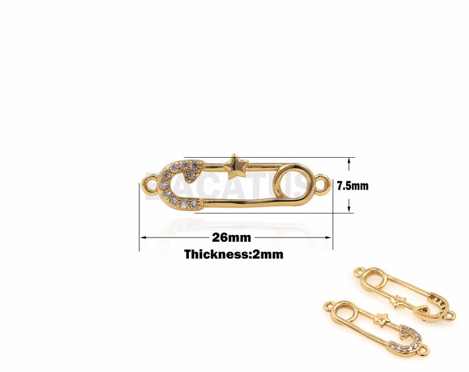 1PCS Pin Connector Cute Pin Star Charm Miniature Safety Pin Charm Cubic Zirconia CZ Charm 18K Gold Filling DIY Jewelry Making 7.5x26x2mm