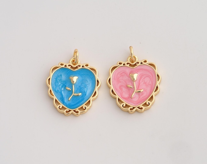 18K Gold Filled Heart Charm,Dainty Enamel Tulip Pendant,Flower Pendant ,DIY Jewelry Supplies,22.2x16.8x2.7mm