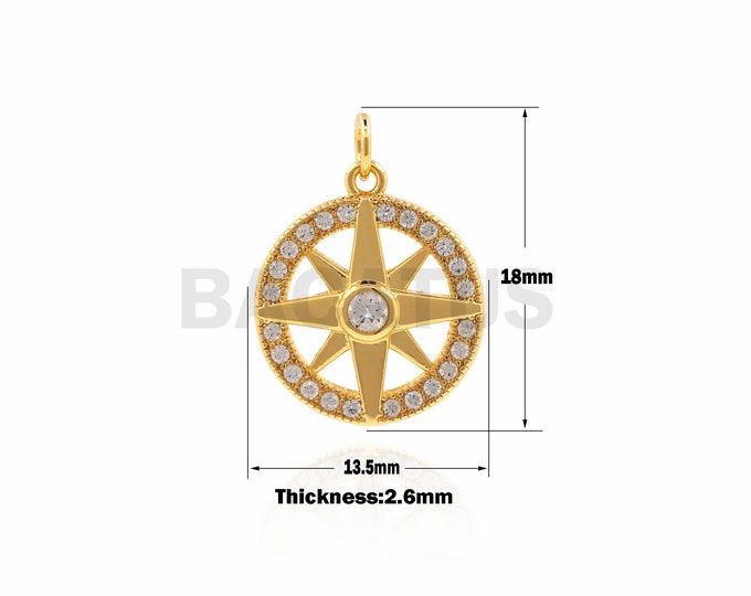 1PCS CZ Round Polaris Pendant, Round Coin Exquisite Compass Pendant, Nautical Pendant,Suitable For Jewelry Making 18×13.5×2.6mm