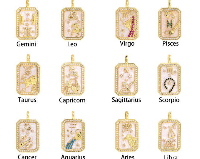 18K Gold Filled Twelve Constellations Pendant,Enamel Zodiac Necklace Charm Square Charms DIY Jewelry Making Supply