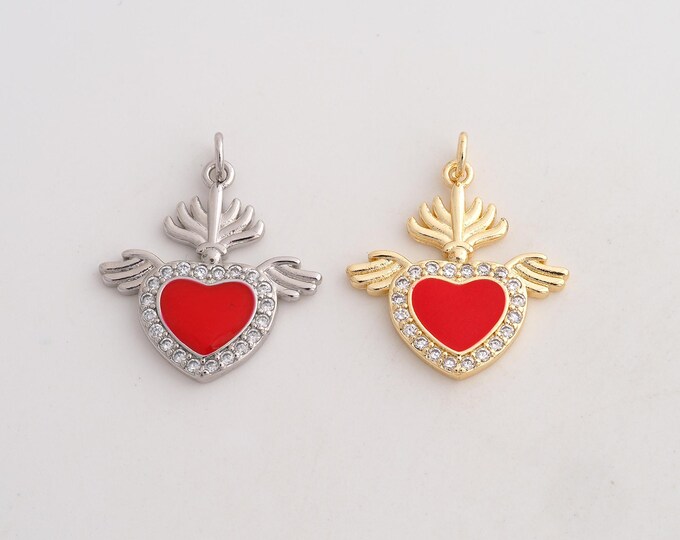 18K Gold Filled Heart Charm,Dainty Enamel Love Pendant,CZ Heart Pendant ,DIY Jewelry Supplies,26.7x22.3x2.6mm