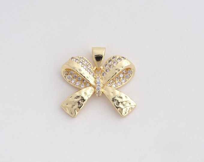 1 Pcs 18K Gold Filled Bow Pendant,MicroPaved CZ Bow Tie Charms, Bow Necklace for DIY Jewelry Making Supplies,18.2x19.4x4.8mm