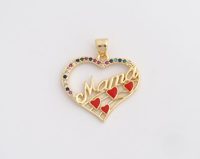 18K Gold Filled MAMA Charm, Micropavé CZ Heart Pendant,Enamel Letter Necklace Charm, DIY Jewelry Supplies, 28x25.2x1.8mm
