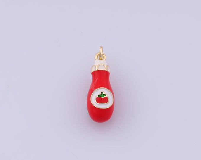 Ketchup Pendant,18K Gold Filled Ketchup Necklace, Enamel Ketchup Pendant, DIY jewelry Making Accessories,24.5x8x8.5mm