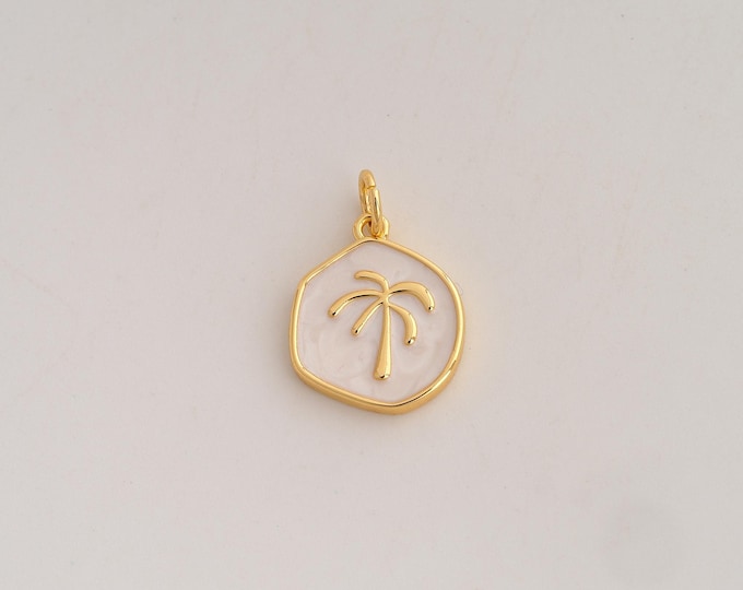 18K Gold Filled Coconut Tree Charm,Dainty Enamel Palm Tree Pendant,CZ Tree Pendant ,DIY Jewelry Supplies,19.6x13.5x2.2mm