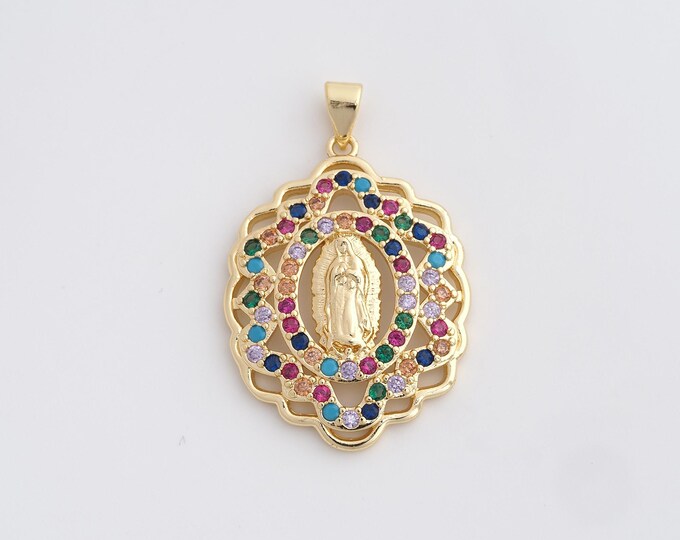 MicroPave CZ Religious Pendant,18K Gold Filled Flower Charm,Marry Mother Pendant,DIY Jewelry Supplies,37x24x3.5mm