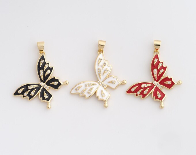 18K Gold Filled Butterfly Charm, Enamel Insect Pendant,CZ Butterfly Necklace Charm, DIY Jewelry Supplies, 33.5x27x3.2mm