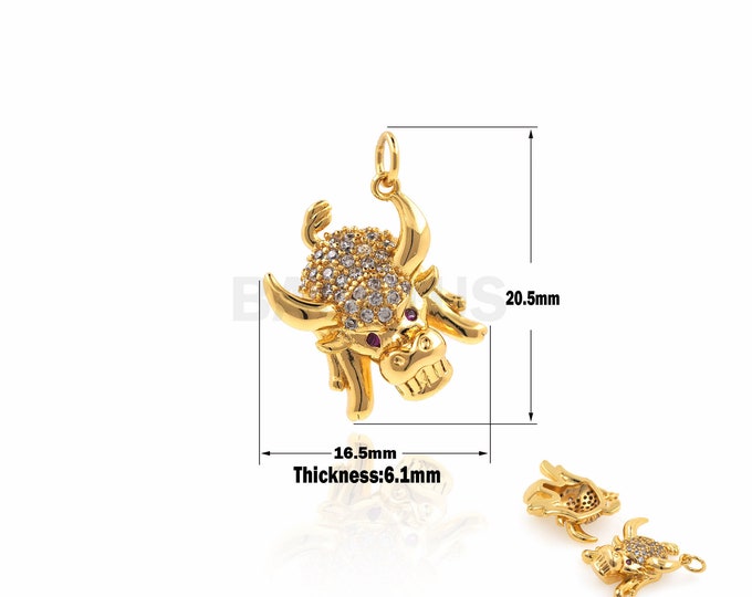 1PCS CZ Micro-Pave Cow Pendant，Cow Bracelet，Gold Bull Necklace For Jewelry Making 20.5x16.5x6.1mm