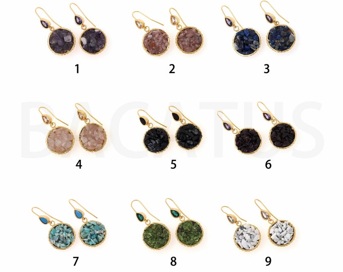 18K Gold Filled Agate Earrings, Disc Earrings, Boho Earrings, Micro Pave CZ Round Earrings, Pierced Earrings, Gift For Her, 42.5x20x9.5mm