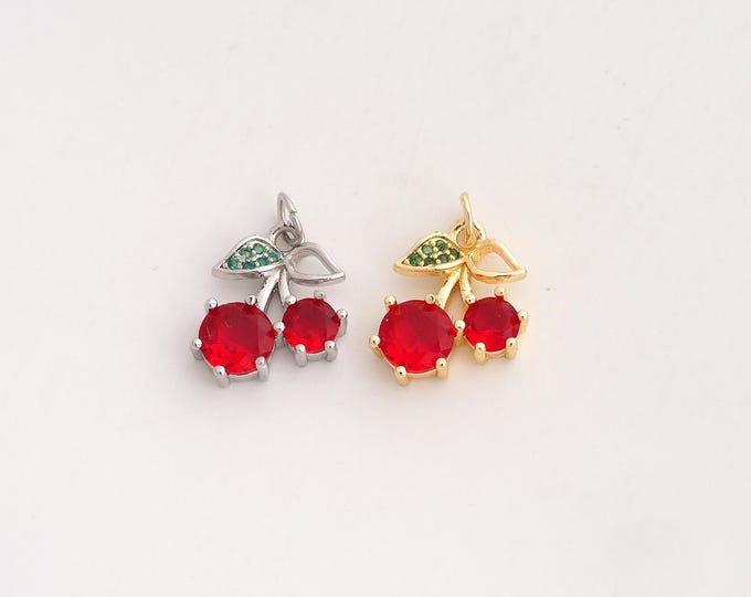 18K Gold Filled Cherry Charm,Dainty Fruit Pendant,CZ Cherry Pendant ,DIY Jewelry Supplies,17.2x12.7x3.8mm
