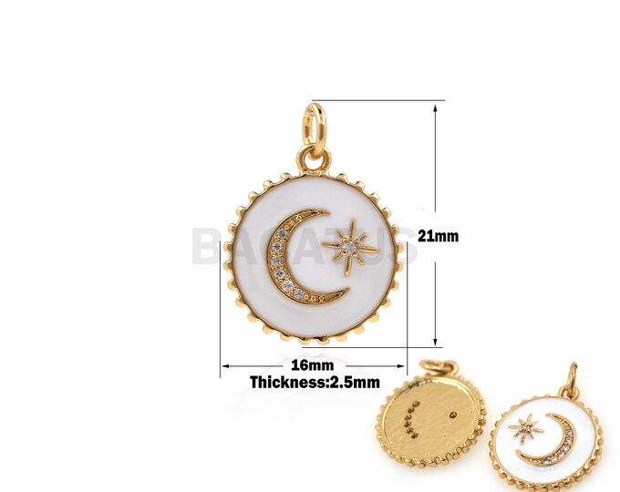 1PCS Round White Enamel Pendant Polaris Charm Moon Jewelry Celestial Jewelry DIY Jewelry Making 18K Gold Filling Cubic Zirconia 21x16x2.5mm