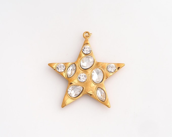 Stainless Steel Star Pendant,CZ Celestial Charms,Starburst Charm Bracelet Necklace for DIY Jewelry Making Supply,45x41x5mm