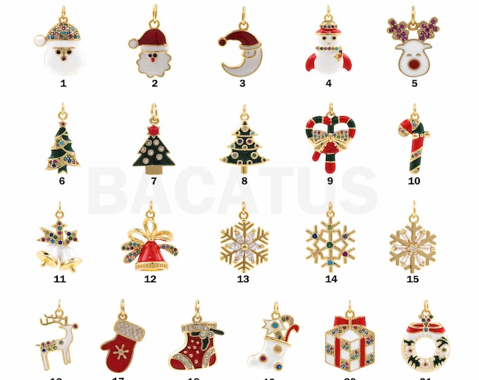 Christmas Charm, 18K Gold Filled Enamel Charm, Christmas Tree Pendant, Candy Cane Pendant, Christmas Hat Charm, DIY Jewelry Supplies, 1cm