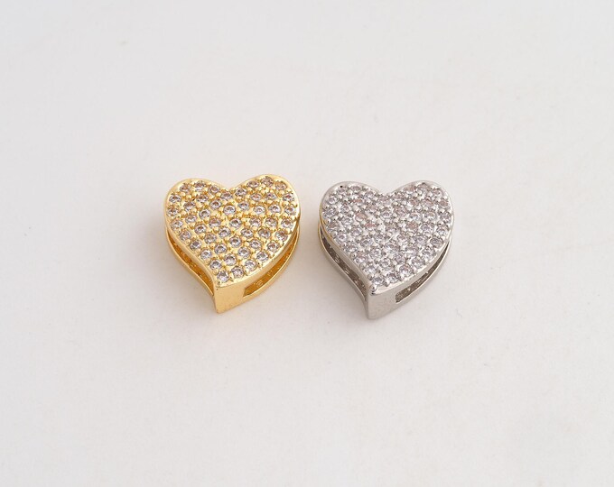Gold CZ Heart Beads, 18K Gold Filld Love Beads,for Jewelry Making Supplies,12.4x12.8x5.3mm