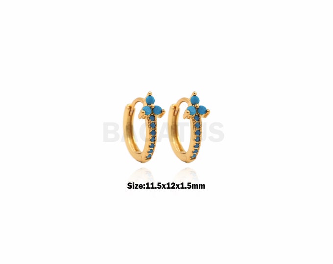 1Pair Daily Hoop Earrings Blue Three-Stone Zircon Earrings Zirconia Pave Hoop Earrings, Women's Fashion Jewelry Cubic Zirconia 11.5x12x1.5mm