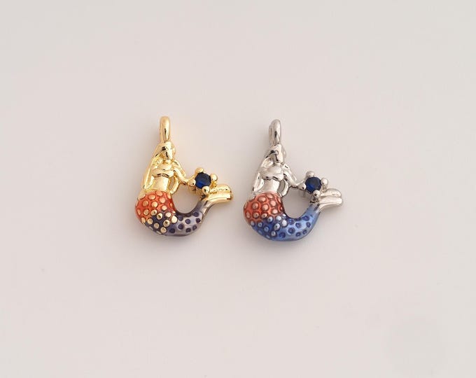 18K Gold Filled Mermaid Charm,Dainty Enamel Mermaid Pendant,CZ Mermaid Pendant ,DIY Jewelry Supplies,15x11.8x4.2mm