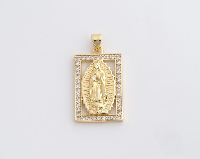 18K Gold Filled Virgin Charm, Religious Necklace, Micropavé CZ Our Lady Necklace, Maria Pendant, DIY Jewelry Supplies, 31.5x16.2x4mm