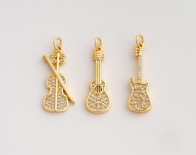 18K Gold Filled Electric Guitar Charm,Dainty Guitar Pendant,CZ Violin Pendant ,DIY Jewelry Supplies,28.8x8.7x2.3mm