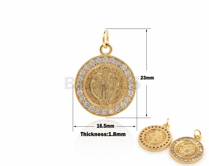 1PCS RoundVirgin Mary Pendant Round Medal Necklace Golden Virgin Mary Medal Charm DIY Jewelry Making CZ Charm 18K Gold Filling 23x16.5x1.8mm