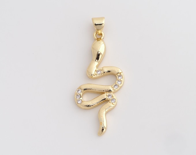 18K Gold Filled Snake Charm, Micropavé CZ Animal Pendant,Snake Necklace Charm, DIY Jewelry Supplies, 39x15.6x3.5mm