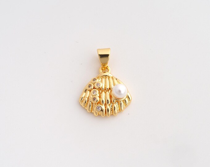 18K Gold Filled Shell Charm,Dainty Oyster Pendant,CZ Shell Pendant ,DIY Jewelry Supplies,19x13.7x5.8mm