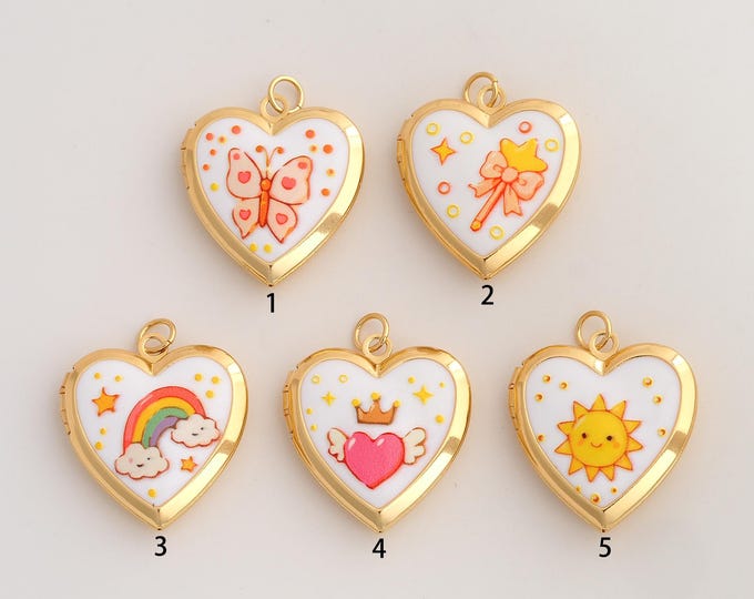 18K Gold Filled Heart Charm,Dainty Enamel Cute Pattern Pendant,Photo Frame Pendant ,DIY Jewelry Supplies,28.5x23x5.8mm