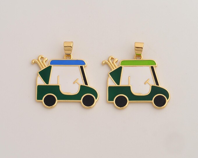 18K Gold Filled Golf Cart Charm,Dainty Golf Pendant,Enamel Car Pendant ,DIY Jewelry Supplies,30x30x1.6mm
