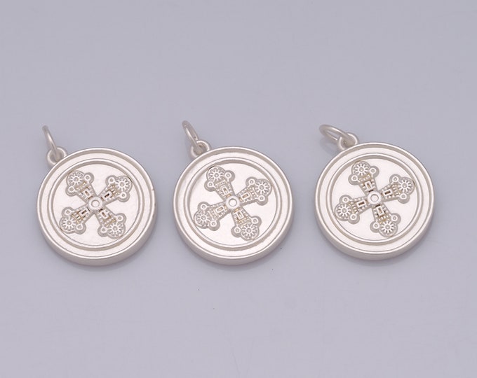 Silver Filled Round Cross Pendant,White Silver Necklace,Enamel Charm,Cross Charm, Religious Charm,DIY Jewelry Accessories, 21.5x16x2.5mm