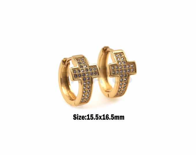 1Pair Zircon Cross Hoop Small Cross Earrings Small Hoop Earrings Cartilage Earrings Cubic Zirconia Cross Hoop Earrings 15.5x16.5mm