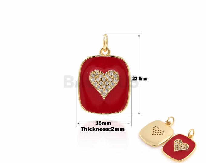 1PCS Rectangular Love Heart Drop Oil Pendant Enamel Charm Cubic Zirconia DIY Jewelry Making Red Drop Oil 18K Gold Filling 22.5x15x2mm