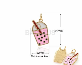 1PCS Flat Pearl Milk Tea Pendant Enamel Bubble Tea Boba Pearl Milk Tea Strap with Eye Pin Pendant DIY Jewelry Making Enamel Charm 24x12x2mm