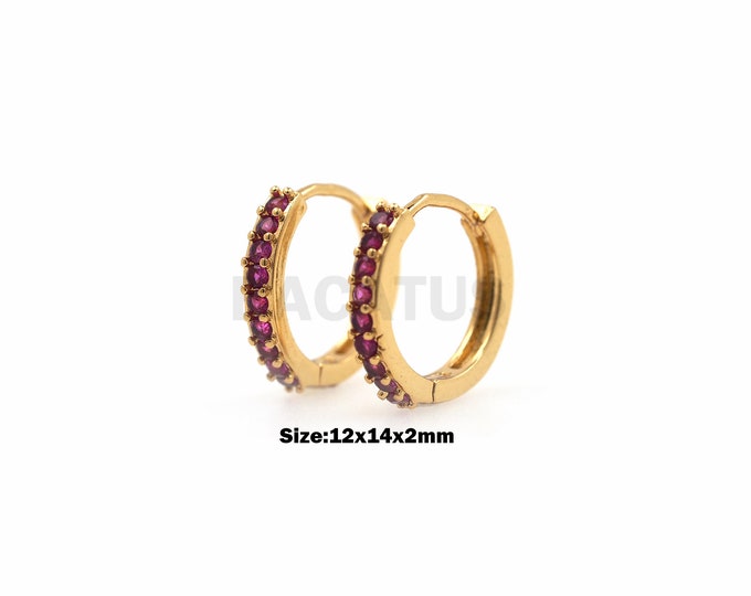 1Pair Rose red Zircon Earrings Ladies Fashion Cubic Zircon Hoop Earrings Piercing Jewelry 18K Gold Filling 12x14x2mm