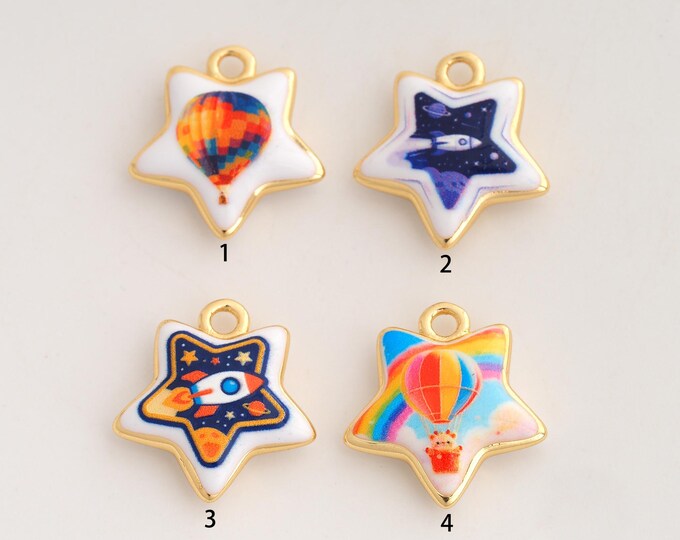 18K Gold Filled Star Charm,Dainty Enamel Rocket Hot Air Balloon Pendant,Starburst Pendant ,DIY Jewelry Supplies,19.5x18.3x4.6mm