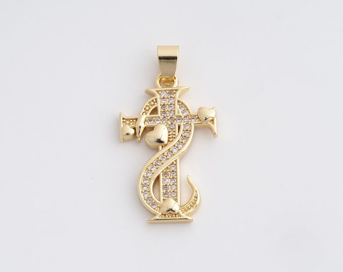 18K Gold Filled Cross Charm, Micropavé CZ Religious Pendant,Christian Necklace Charm, DIY Jewelry Supplies, 32.7x17.3x2.7mm