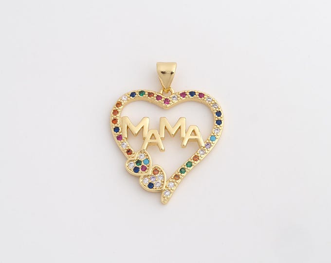 18K Gold Filled MAMA Charm, Micropavé CZ Heart Pendant,Letter Necklace Charm, DIY Jewelry Supplies, 30.3x23.6x2.3mm