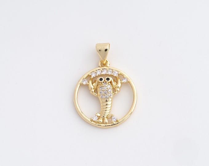18K Gold Filled Lobster Charm, Micropavé CZ Marine Life Pendant,Round Necklace Charm, DIY Jewelry Supplies, 24.8x18x3mm