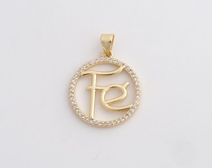 18K Gold Filled Fe Charm, Micropavé CZ Round Pendant,Letter Necklace Charm, DIY Jewelry Supplies, 28.8x20.5x1.8mm
