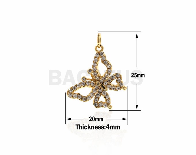 CZ Gold Butterfly Charm,butterfly Pendant,animal Earring Necklace charms 20x25x4mm 1PCS