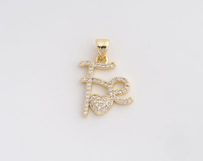 18K Gold Filled Fe Charm, Micropavé CZ Heart Pendant,Letter Necklace Charm, DIY Jewelry Supplies, 23.5x15.8x3mm