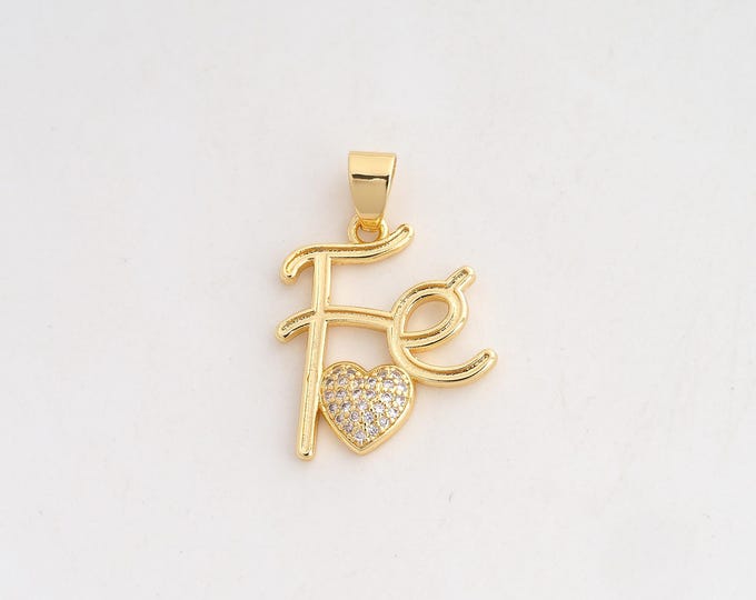 18K Gold Filled Fe Charm,Dainty Heart Pendant,CZ Letter Pendant ,DIY Jewelry Supplies,28.2x19.3x3mm