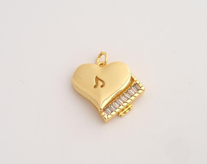18K Gold Filled Heart Piano Charm,Dainty Musical Instrument Pendant,CZ Piano Pendant ,DIY Jewelry Supplies,20.8x20x4mm
