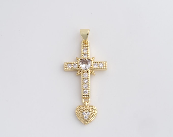 Heart Cross Pendant, Religious Charm, Micropavé CZ Love Charm, 18K Gold Filled Cross Pendant, DIY Jewelry Supplies, 40x17.8x3.8mm
