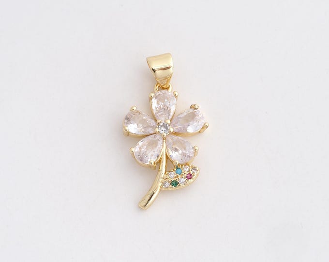 Flower Pendant, 18K Gold Filled Plant Charm,Micropavé CZ Flower Necklace, Floral Charms, DIY Jewelry Supplies,26x13.2x3.3mm