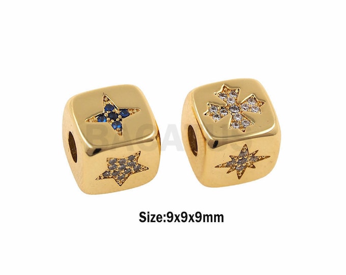 North Star five Star Spacer Beads,Multi-faceted pattern square beads,CZ Paved Star Pattern gold beads,Square spacer beads 9x9x9mm