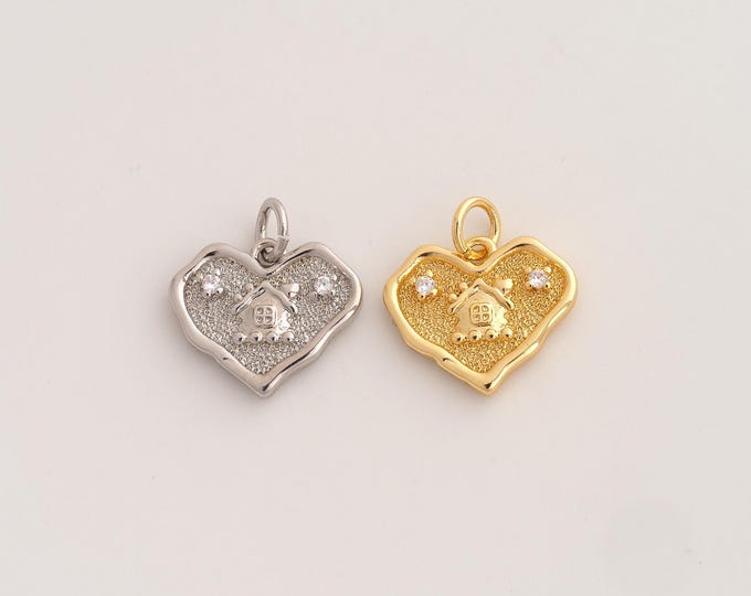 18K Gold Filled Heart Charm,Dainty House Pendant,CZ Love Pendant ,DIY Jewelry Supplies,16.7x15x2.5mm