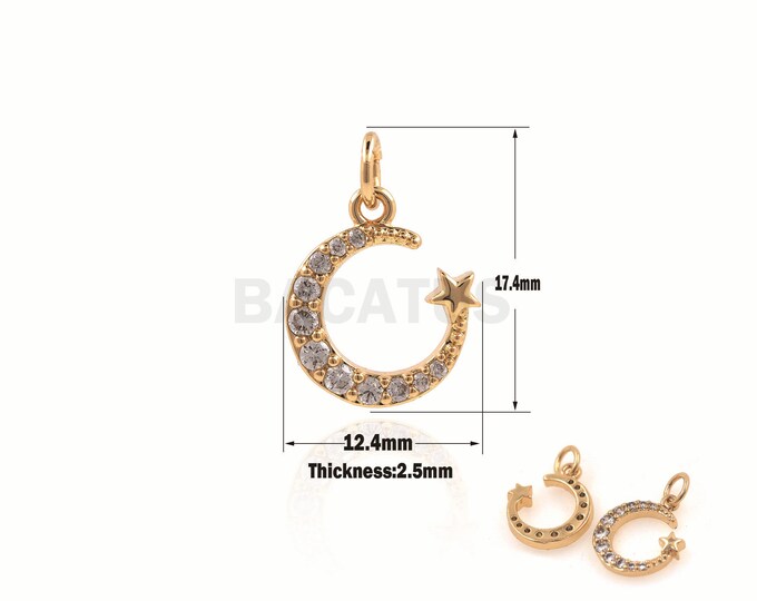 1PCS CZ Star And Moon Pendant, Crescent Necklace, Star And Moon Necklace, Moon Charm, Star Pendant 17.4x12.4x2.5mm