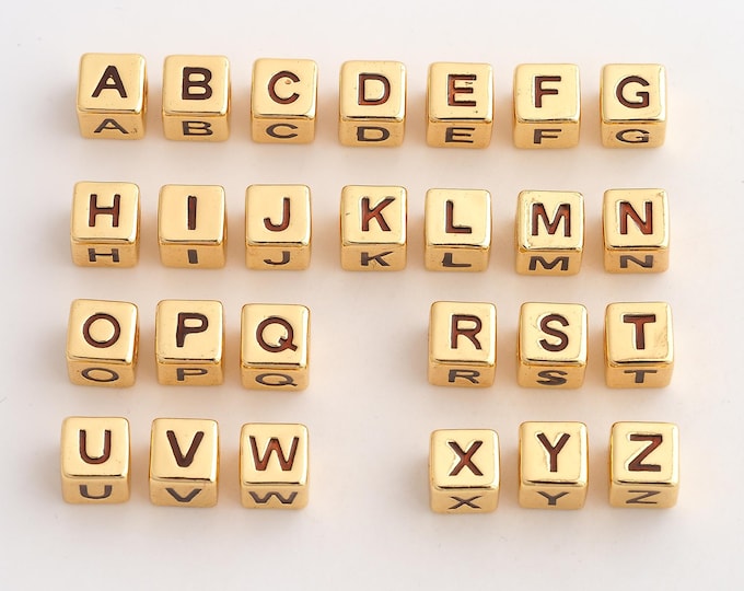 Gold Enamel Square Initial Beads, 18K Gold Filld A-Z Letter Beads,for Jewelry Making Supplies,8x8mm Hole 4.3mm