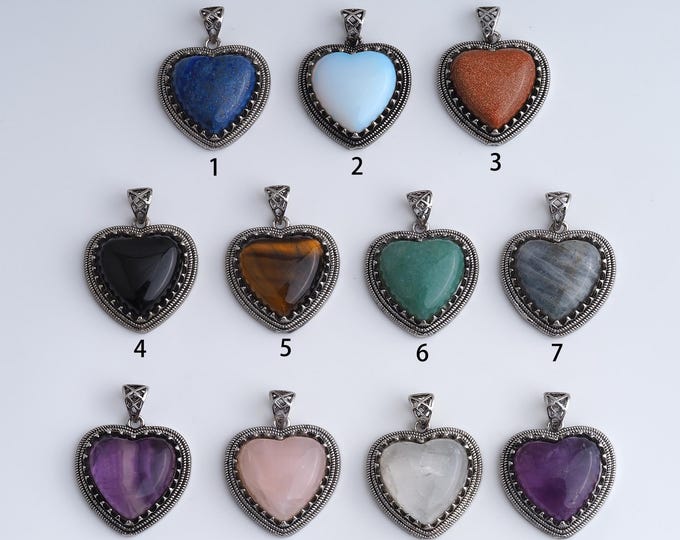 Vintage Silver Heart Gemstone Pendant,Natural Stone Charms,Crystal Gemstone Charm DIY Jewelry Making Supply,35x27x8.3mm