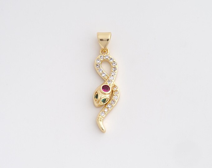 18K Gold Filled Snake Charm, Micropavé CZ Animal Pendant,Snake Necklace Charm, DIY Jewelry Supplies, 29.7x8x3.7mm