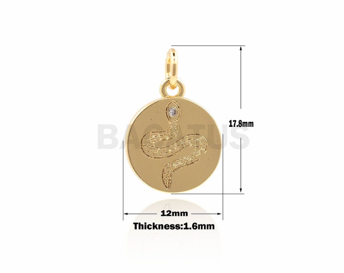 18k Gold Snake Coin Charm,Gold Plated dainty snake charm,CZ Micro Pave Animal Charms 17.8*12*1.6 mm 1PCS